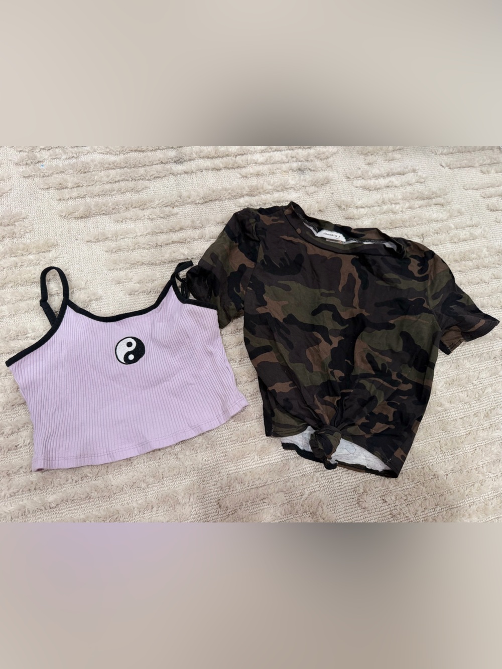 SHEIN Lavender Ribbed Cami with Black Trim & Green Camo Tie-Front Top
